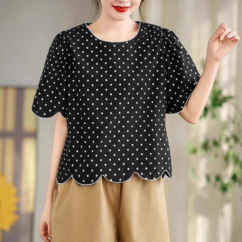 

ZANZEA женская летняя блузка с круглым вырезом и коротким рукавом в горошек с волнистым краем M чёрный