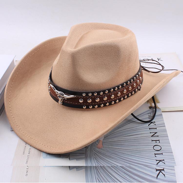 Western Cowboy Style Tibetan Bull Head Accessories Fashion Top Hat Autumn/Winter New Collection Deer Skin Velvet Large Edge Riding Hat