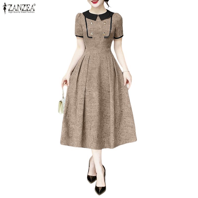 ZANZEA Women Casual Doll Collar Summer Short Sleeve Elegant A-line Dress