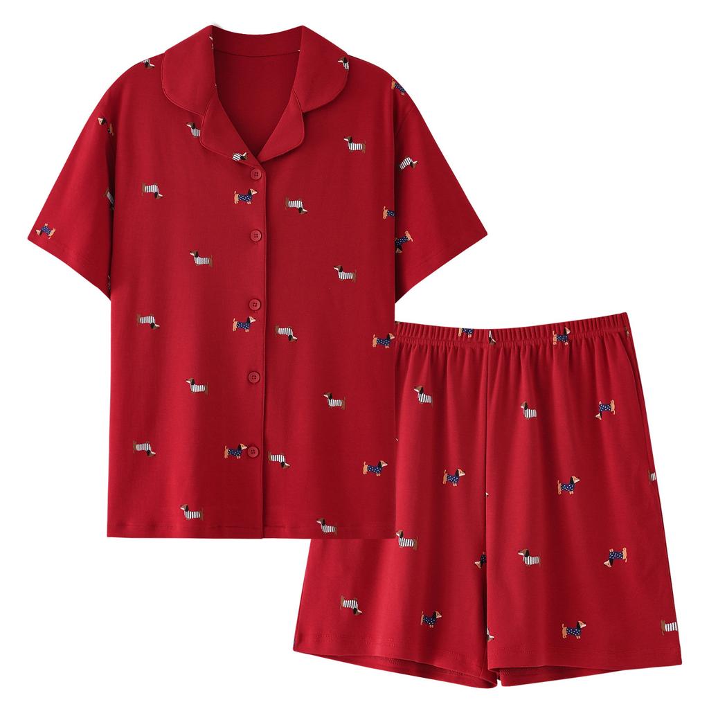Wedding Couple Suit Summer Pure Cotton Short-sleeved Thin Festive Wedding Wine Red Cotton Loungewear Suit