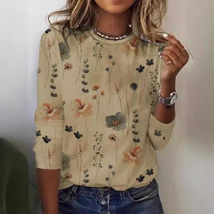 Fashion Women Long Sleeve Cross Border Floral Print Trendy T-Shirt European American