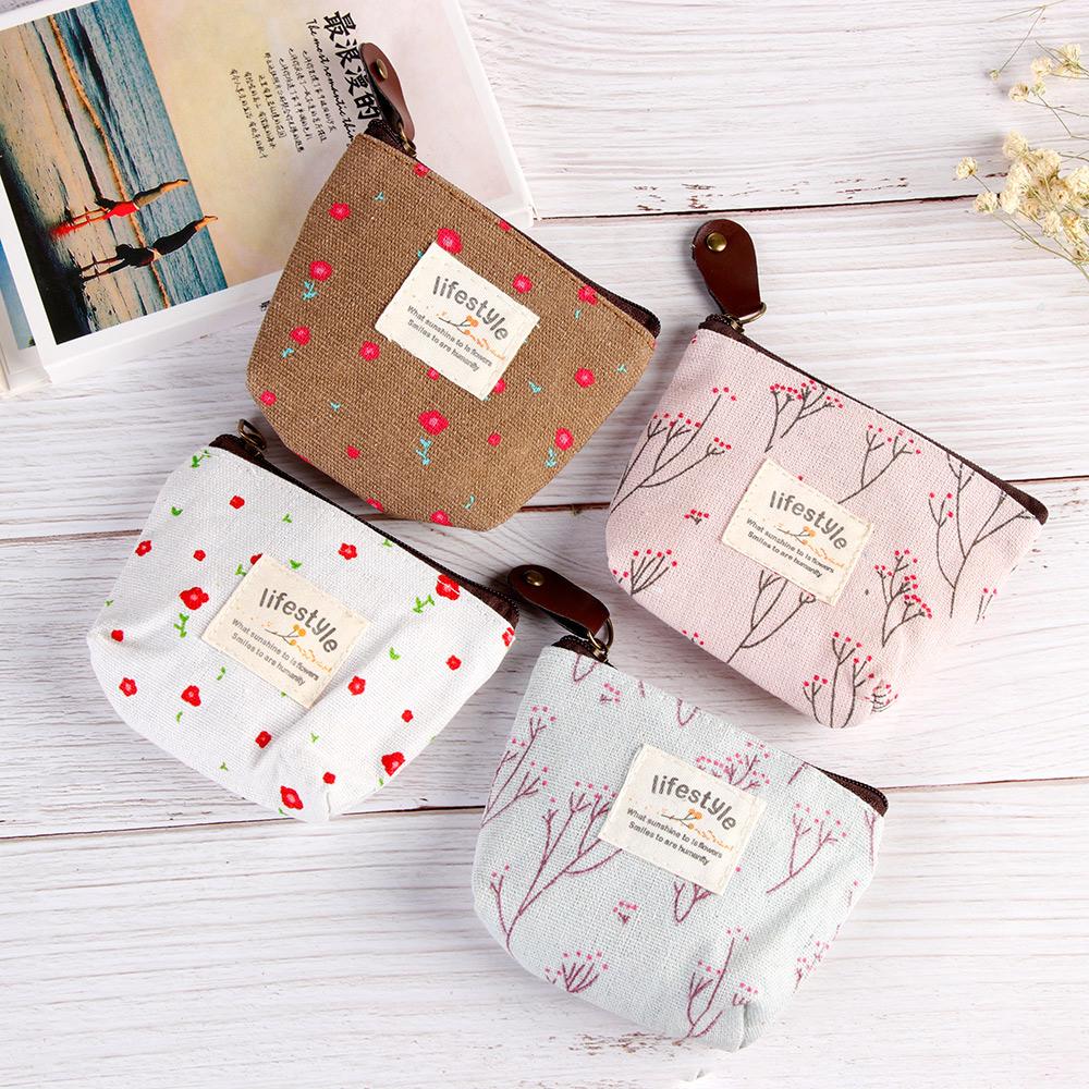 New Korean Style Mini Wallet Card Holder Floral Print Zipper Coin Purses Flower Canvas