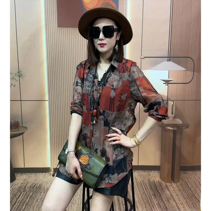 

Европейские товары Весна и Осень Западный стиль Рукав три четверти Шелковые льняные рубашки Свободные Большого размера Повседневная Цветочная Тонкая рубашка Нижняя рубашка Топ 1905 red block flower One size