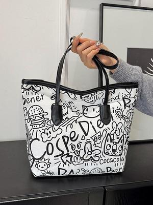 Bolsa Tote de Lona com Grafite - Feminina 2025 Casual, Versátil, de Grande Capacidade, para Estudantes e Pessoas que se Deslocam