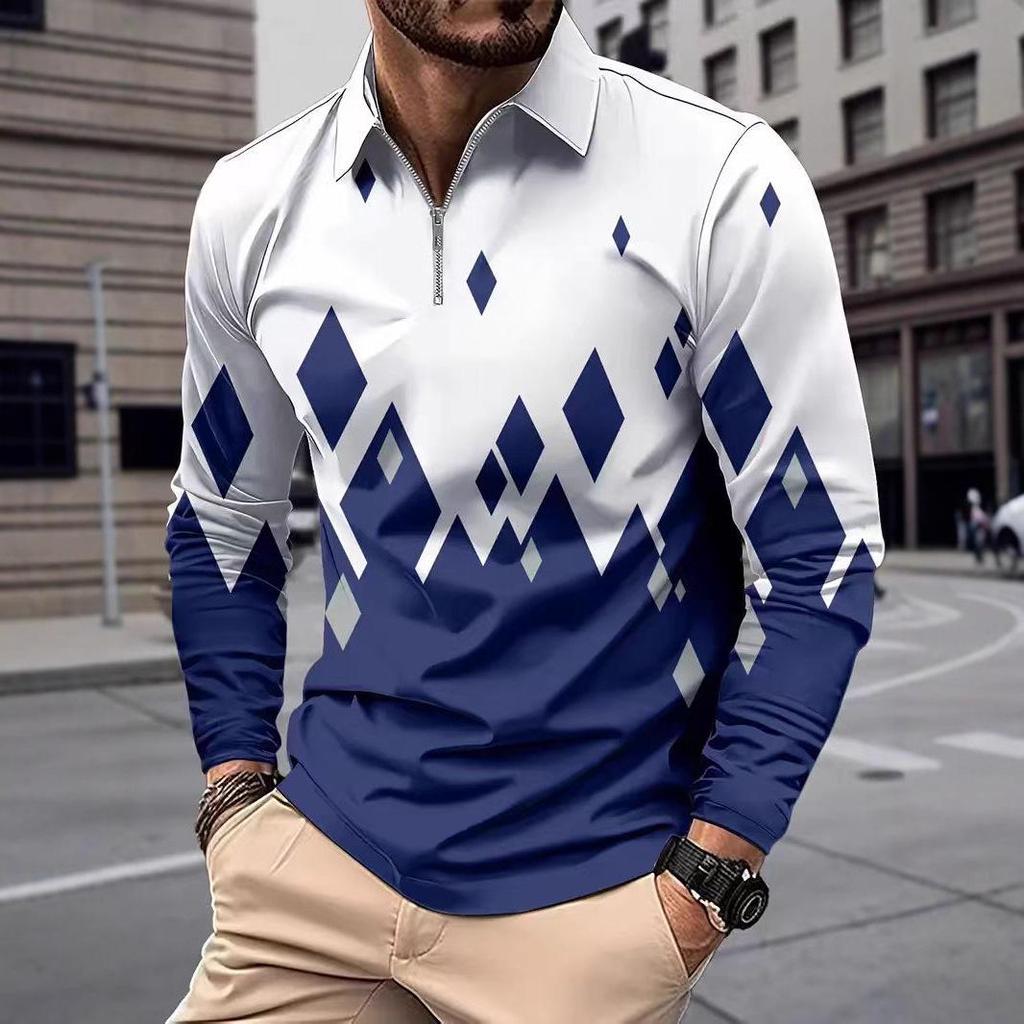Pánská nadměrná polokošile s dlouhým rukávem a digitálním potiskem s klasickým límečkem - Evropský a americký styl pro jaro a podzim