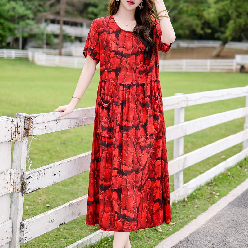 Vintage Print Lange Jurken voor Vrouwen Plus Size Korte Mouw Casual Zomerjurk Elegante Middelbare Leeftijd Dameskleding