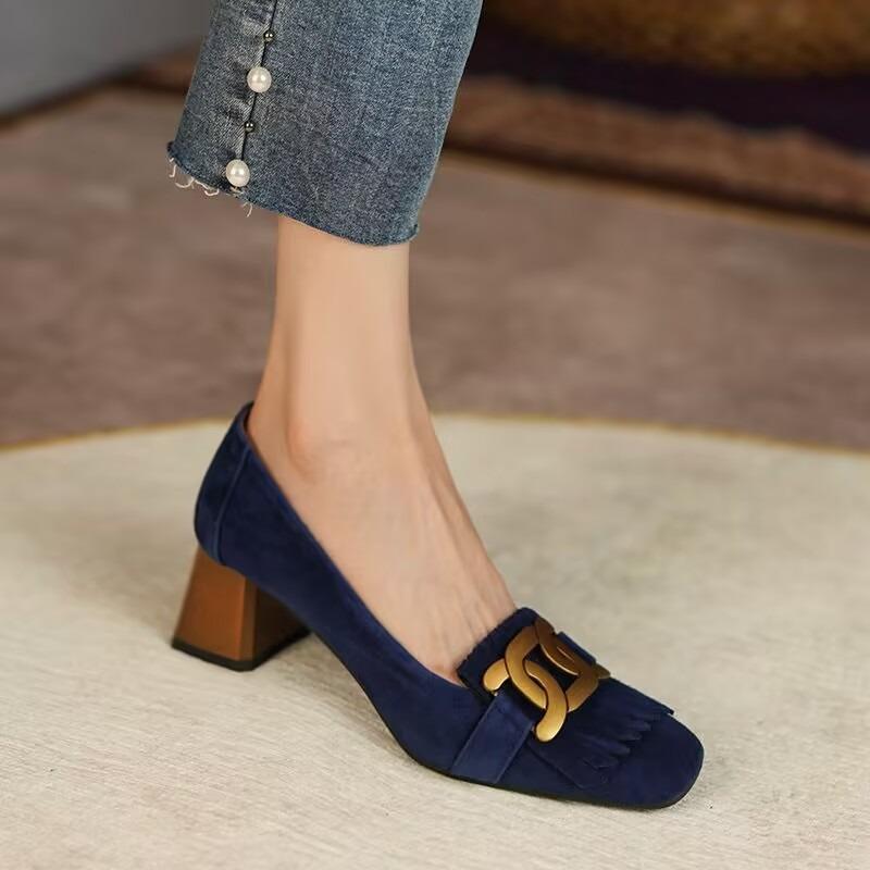 

Мода Мода Ретро Женская обувь Весна Лето Французский Ретро Металлическая Пряжка Одинарная Обувь Толстый Каблук Женская Обувь На Все Случаи Высокие Каблуки 39 синий