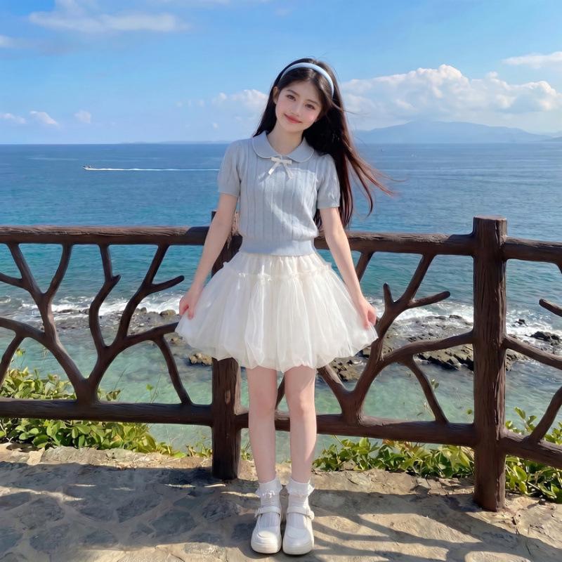 Girls 2026 Korean Style Summer Outfit: Knit Polo Shirt & Tulip Skirt Set 130 cm