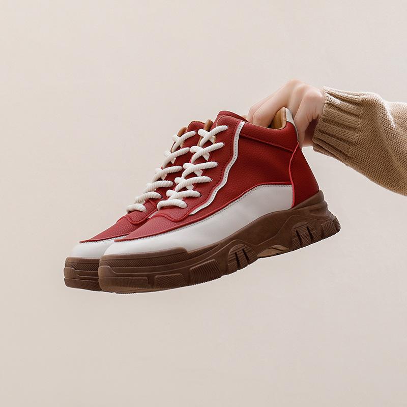 

Повседневные женские ботильоны на толстой платформе, осенние, нескользящие, со шнуровкой, короткие спортивные ботинки, прогулочная обувь из искусственной кожи, удобные женские кроссовки с высоким берцем 38 красный