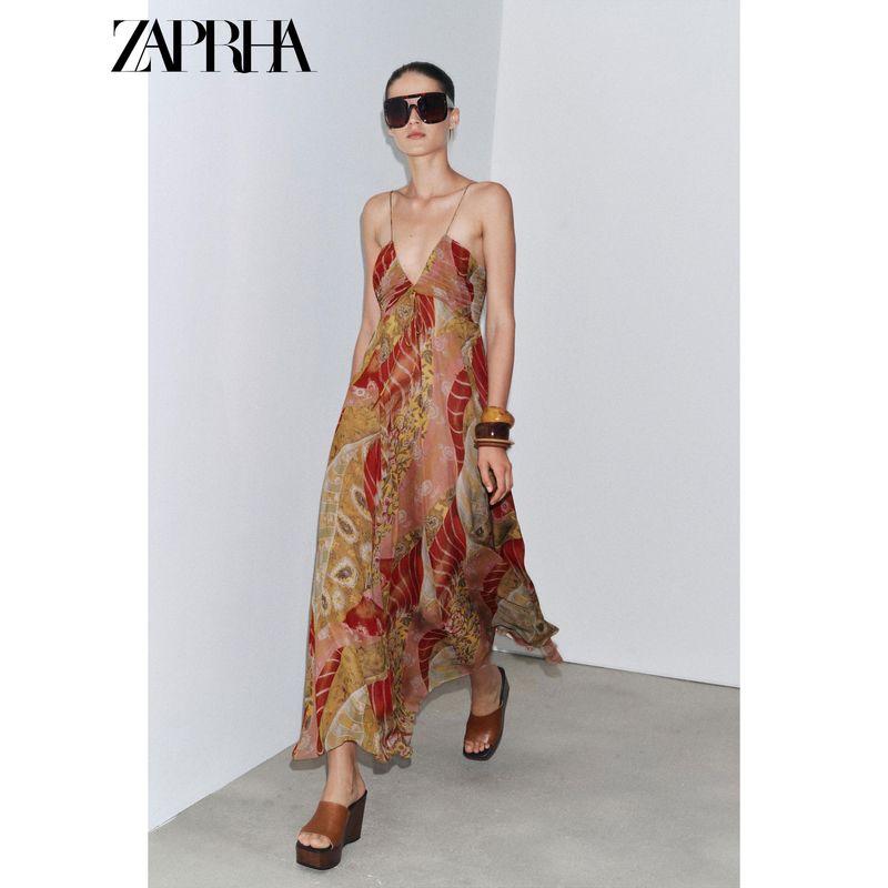 Zaprha 2025 Summer New Holiday Style Flower Print V-neck Backless Fine Sling Dress 3508147