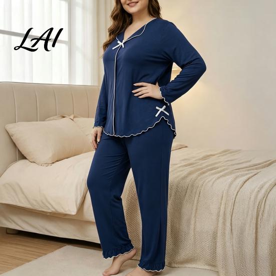 Breathable House Clothes for Ladies Women's Plus Size Pajama Set Long Sleeve Top And Pants Cozy Loungewear Women with Bow Ruffle 2 Piece Soft