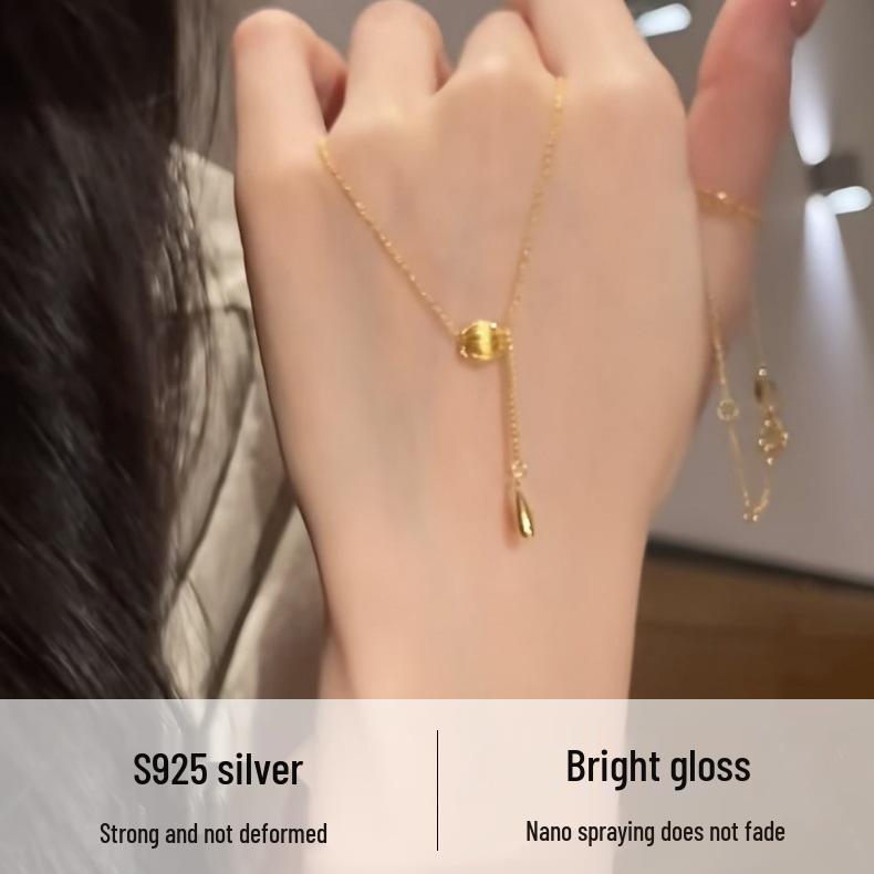 S925 Sterling Silver Teardrop Necklace - Chinese Style, Retro, Minimalist, Luxury Brushed Tassel Clavicle Chain for Women.