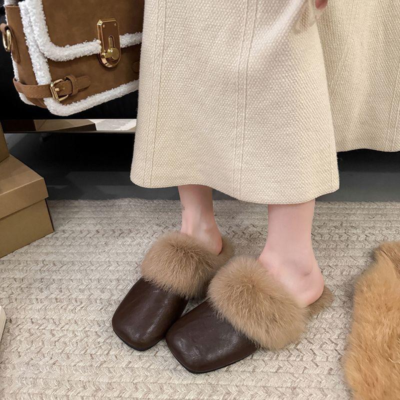 Women's Brown Retro Flat-Sole Fluffy Winter Slippers - 2026 Non-Slip Warm Cotton, Outdoor-Ready