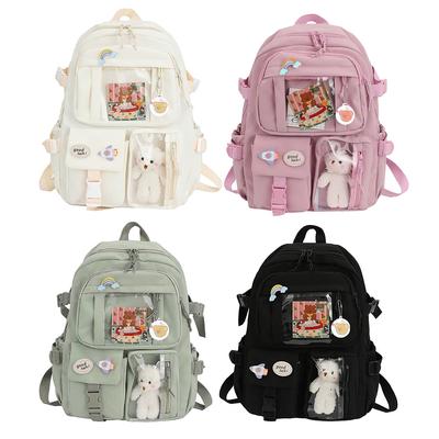 Mochila Escolar para Estudante Moda Estudante Universitário Mochila de Nylon com Pingente de Pelúcia Broche Fofo Grande Capacidade Estilo Japonês para Férias