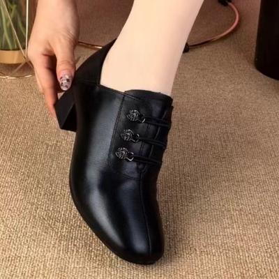Coarse Heel Single Shoes Women's Autumn New Versatile Soft Sole Fashion Women's Shoes Medium Heel Leather Shoes Women