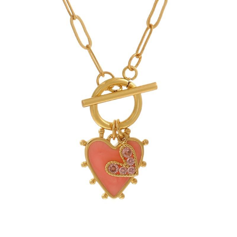 Women's Trendy Copper Inlaid Zircon Heart Pendant Chain Necklace with Ot Buckle