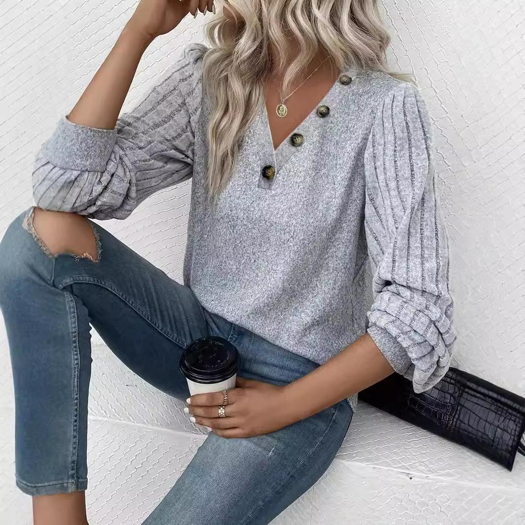 Women's V Neck Long Sleeve Top Loose Fit Urban Solid Color Button Decor Knit Blouse