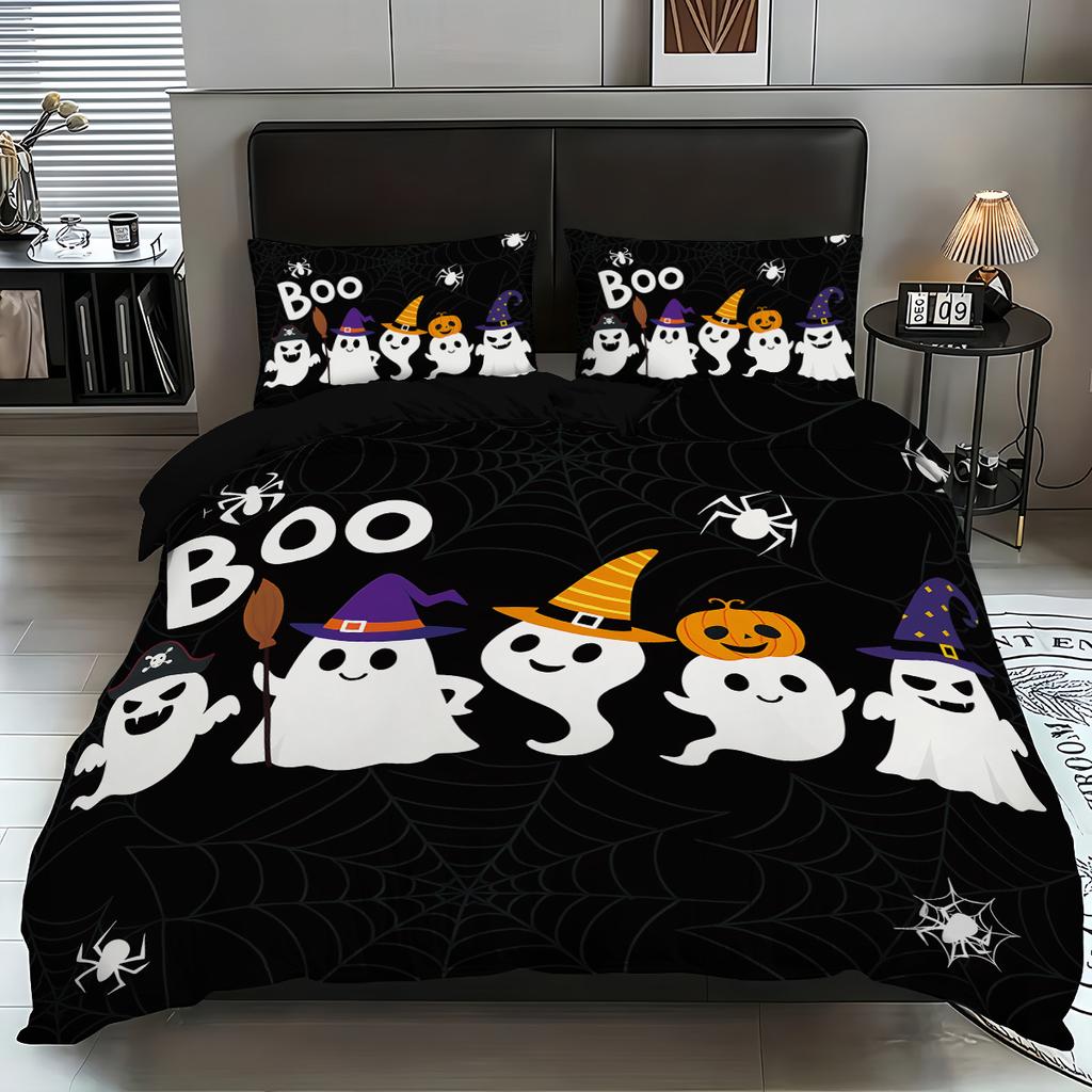 3-piece Halloween themed black cute ghost pumpkin pattern duvet cover set, 1 duvet cover+2 pillowcases, coreless