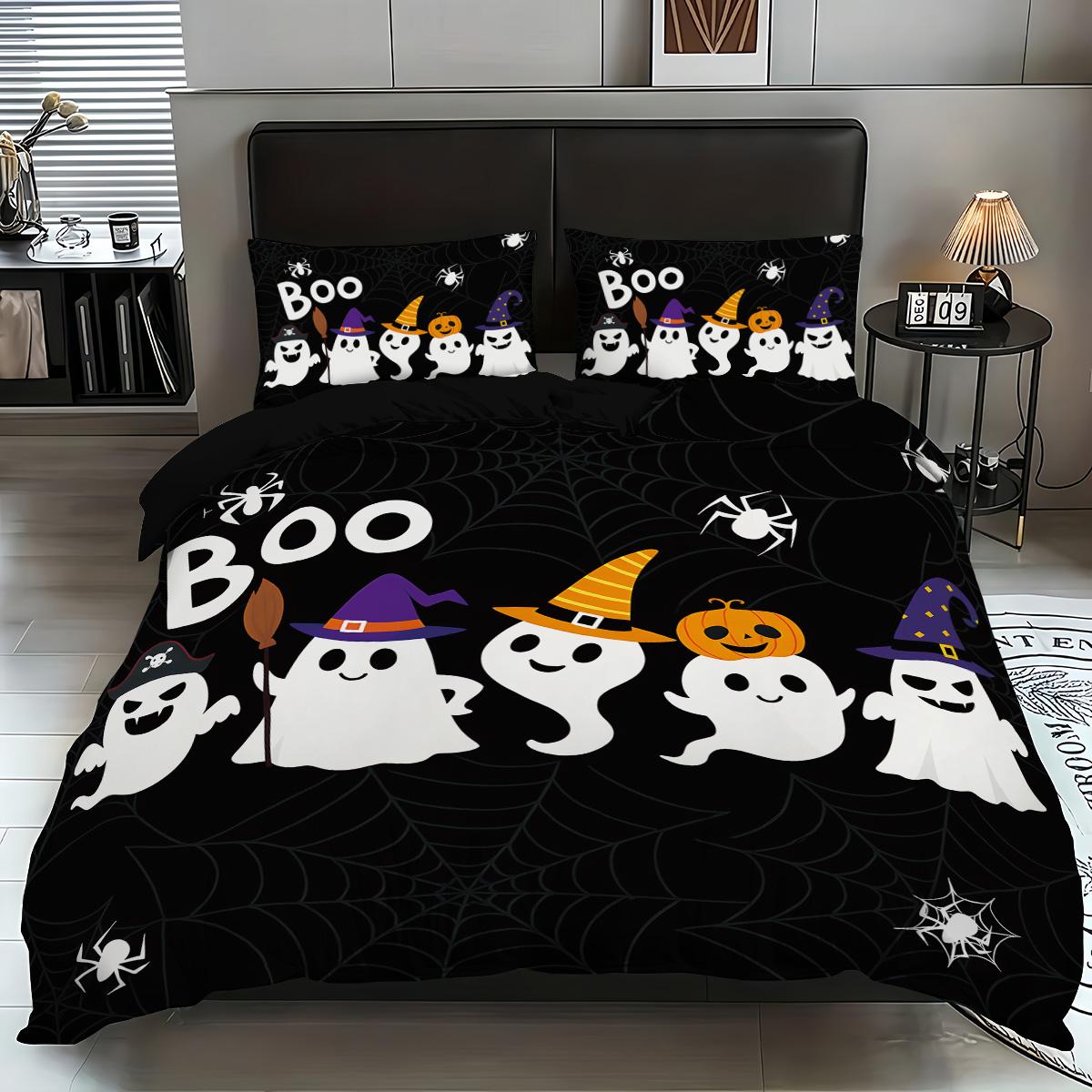 

3-piece Halloween themed black cute ghost pumpkin pattern duvet cover set, 1 duvet cover+2 pillowcases, coreless 135x200cm-EU-Single&set