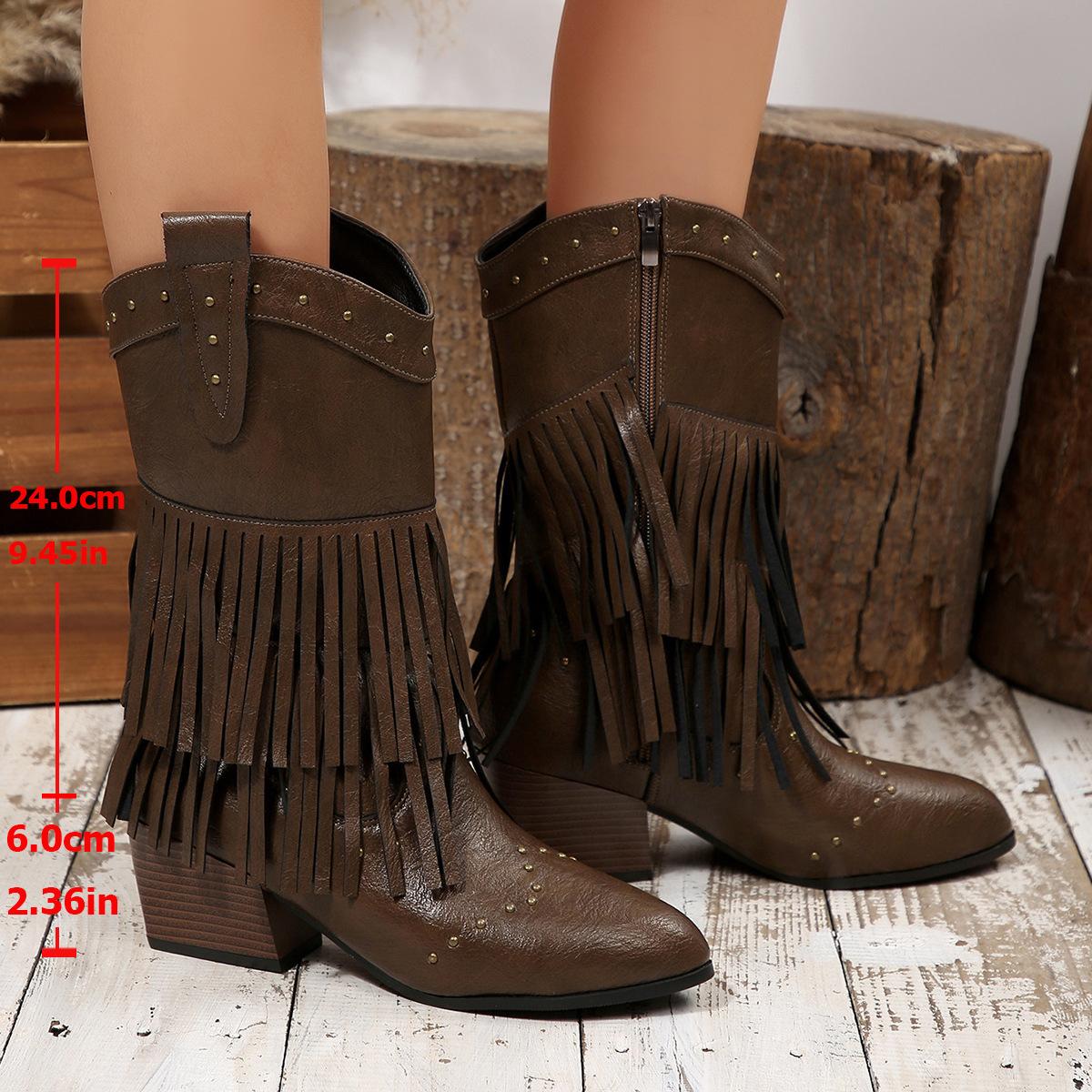 New Western Cowboy New Tassel Rivet Belt Buckle Boots Medium Knight Boots 35 коричневый 5100₽
