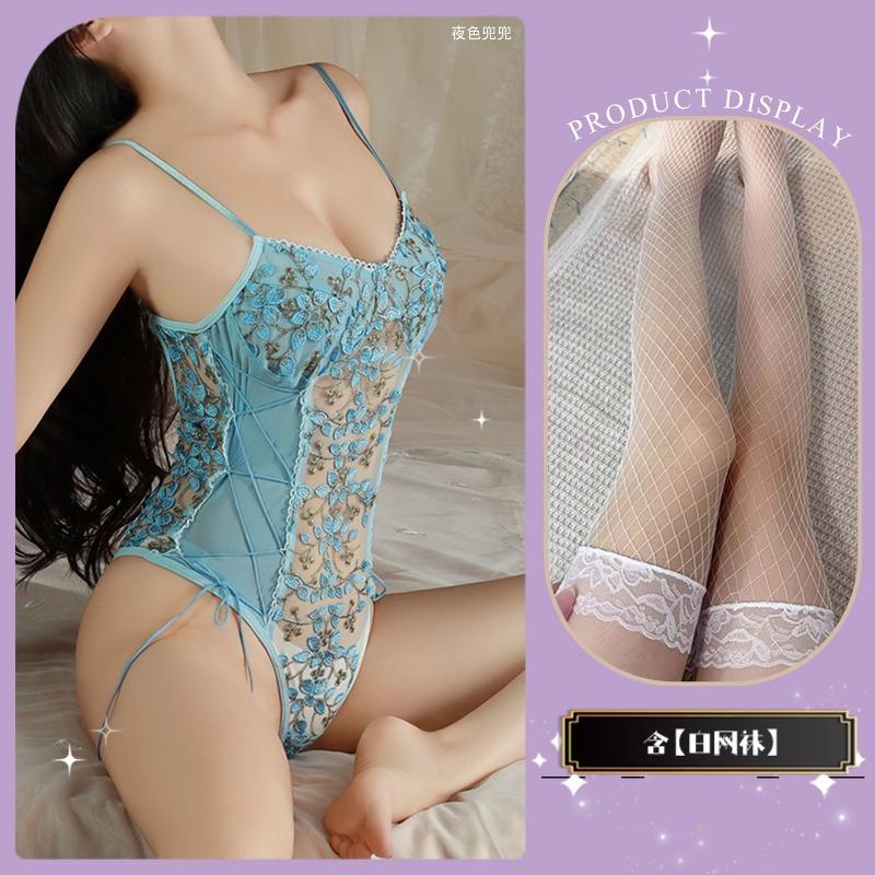 Lace Deep V Embroidery Suspender Inside with Onesie Backless Retro Floral Sexy Strap Splicing Mesh Flower