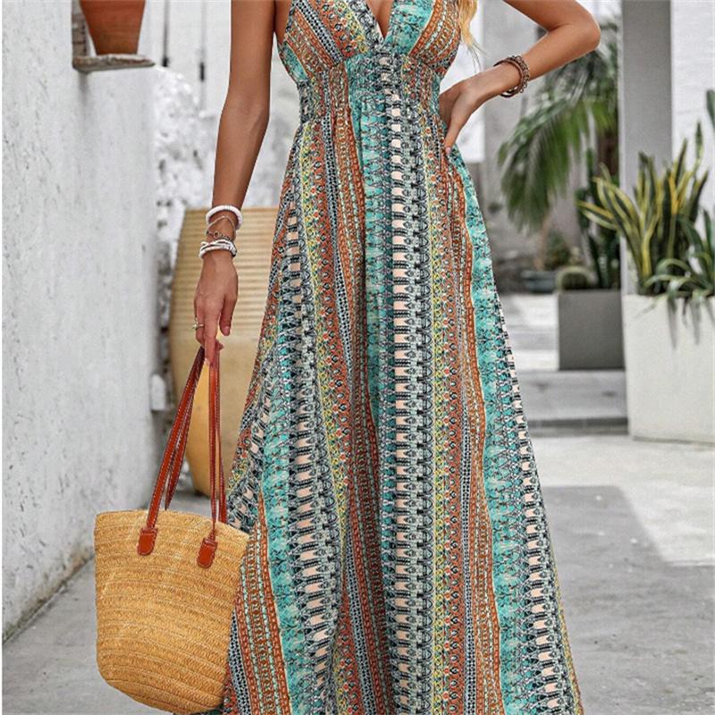 Strap Print Dress Women A line Sleeveless Waist Deep V Spring Summer S-XL