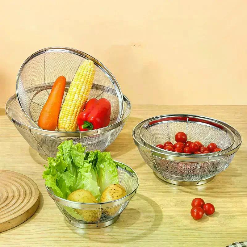 1pcs Stainless Steel Rice Washing Sieve Fine Mesh Basket Kitchen Colander Fruit Rinser Strainer Container Vegetable Washing Bowl