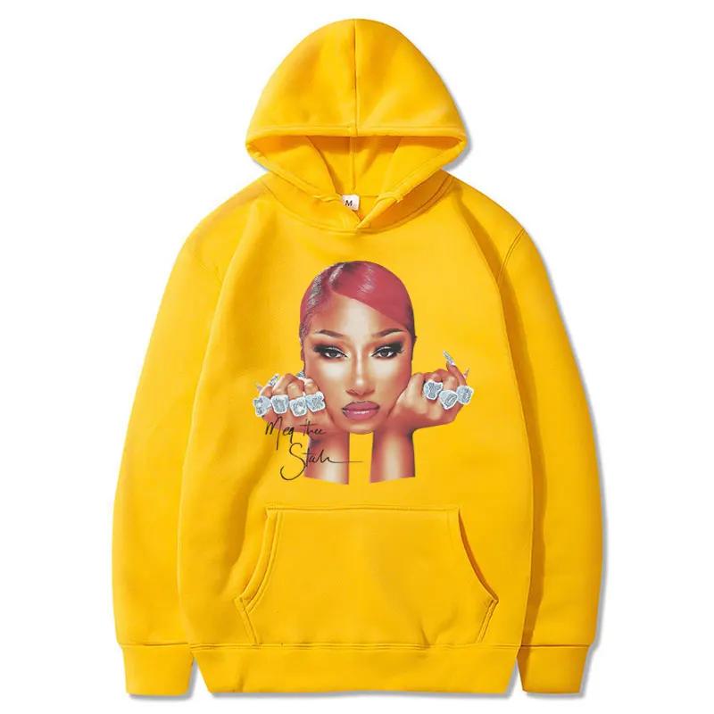 Rapper Megan Thee Stallion Face Print Fashion Hoodie 90s Vintage Hip Hop Men Women Sweatshirt Fleece Oversized Casual Streetwear