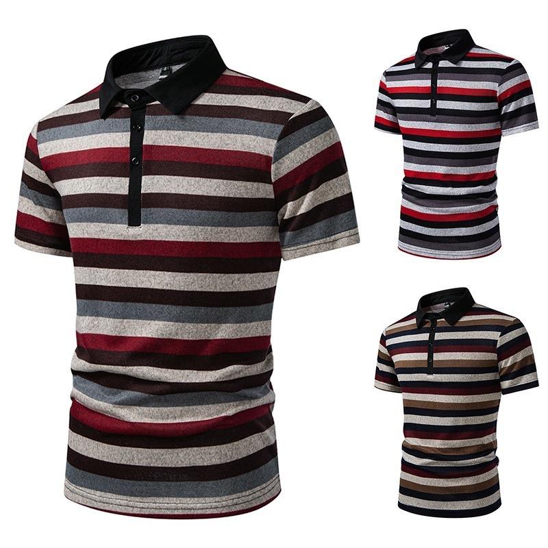 Summer New Men's Color Block Striped Lapel Short-sleeved T-shirt Men's Casual Loose T-shirt