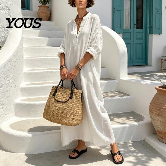 Elegant Casual Dress Summer Maxi for Women, V-Neck Oversized Boho Long Women Dress, Sleeve Button Up Vacation Sundress with Pockets Simple Style