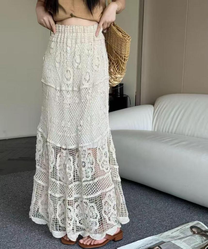 Bohemian Crochet High-Waist Hip-Hugging Midi Skirt for Women