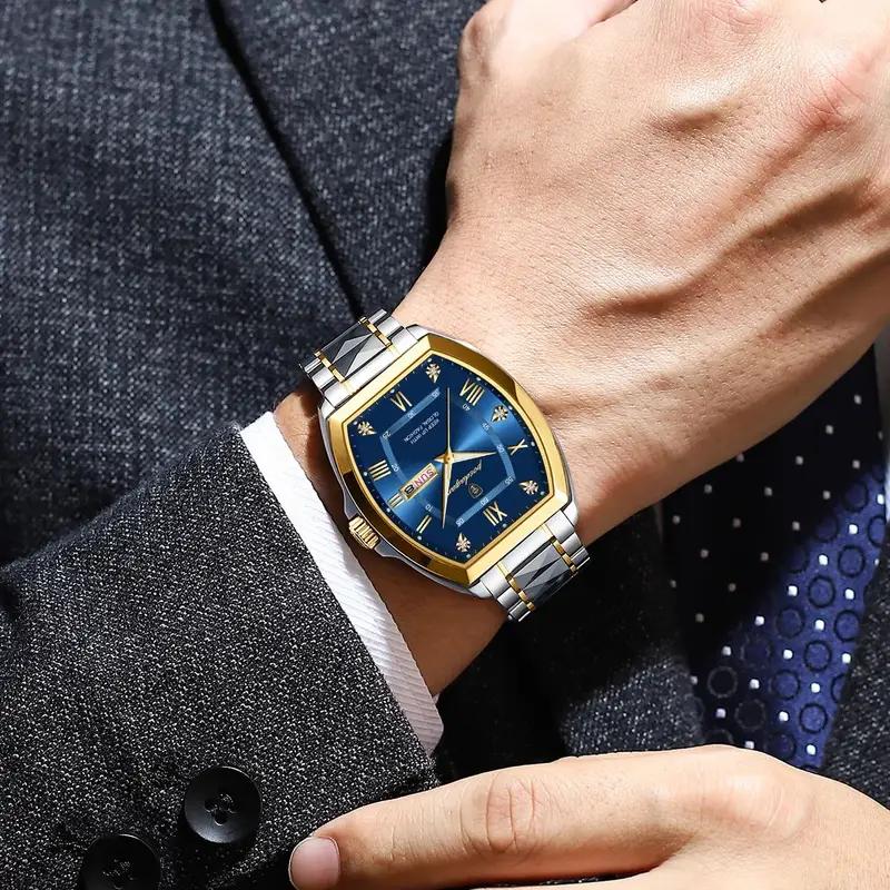 POEDAGAR Stainless Steel Watch Men Luxury Brand Business Luminous Waterproof Male Clock Tonneau Case Calendar Men Quartz Wristwatches