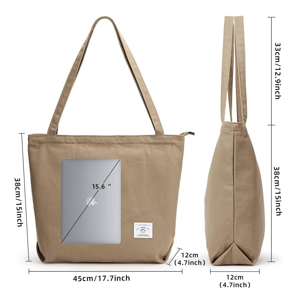 Tote bag for shoulder large shoulder canvas large for with zipper [KALIDI] women, bag, bag, tote, capacity, plain, school, travel, (khaki)