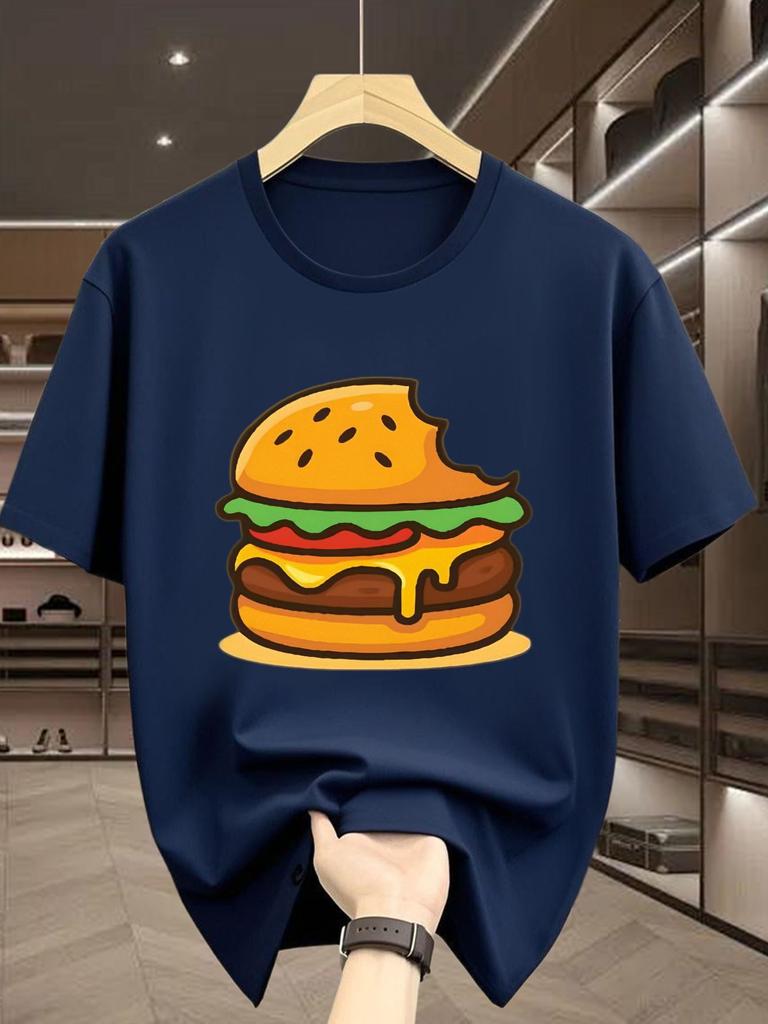 Bright Yellow Bitten Cheese Hamburger Cartoon Graphic Unisexs Short Sleeve Tee Crew Neck Fast Food Casual Daily Soft Comfort Top