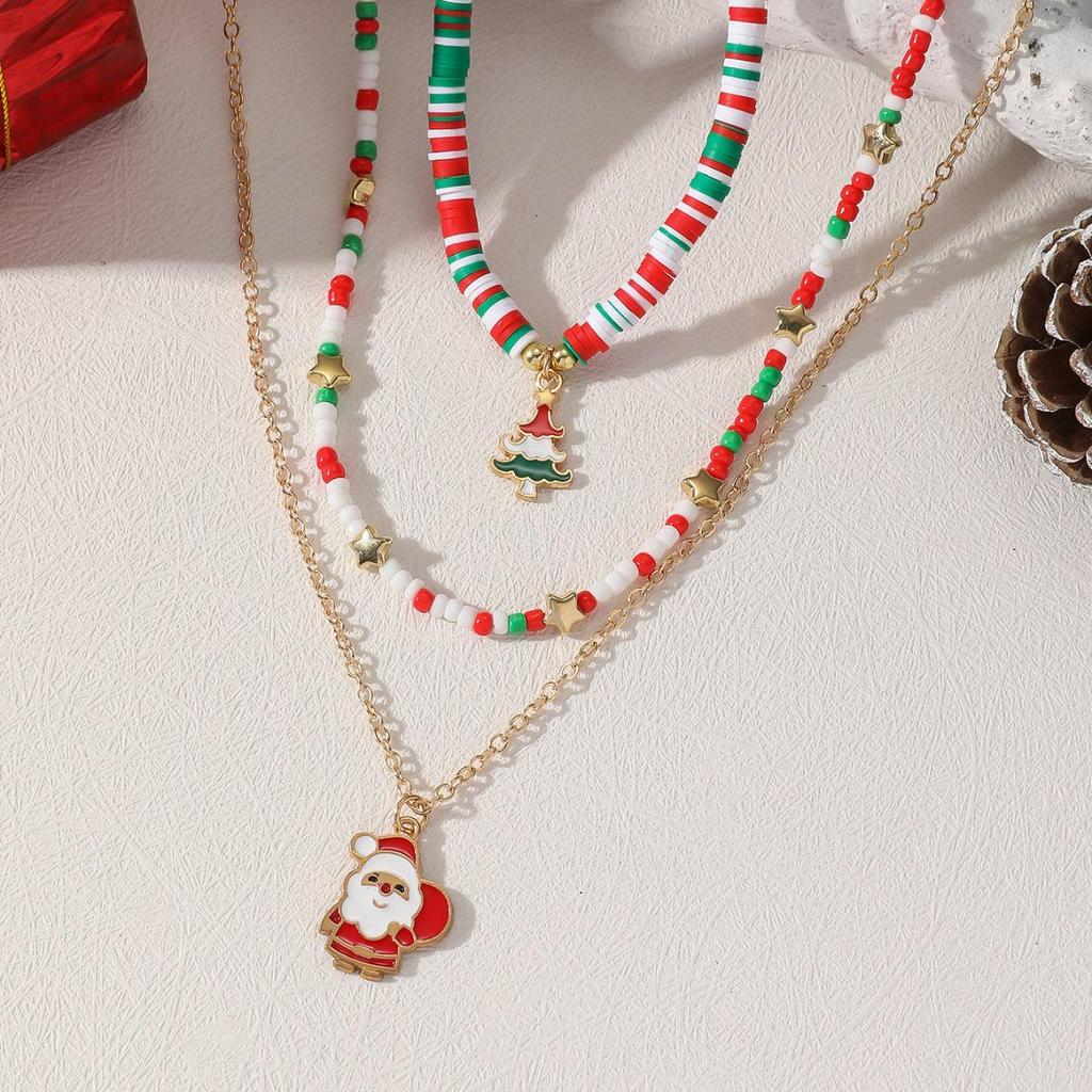 European-American Santa Claus Drip Oil Polymer Clay Layered Clavicle Necklace
