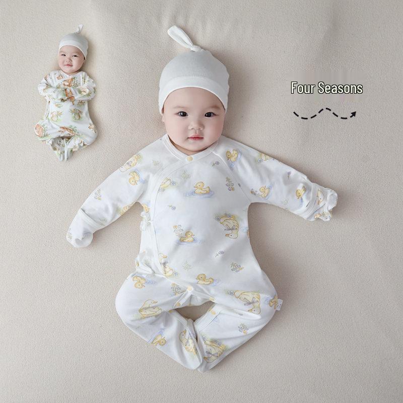 Pure Cotton Baby Bodysuit with Hand and Foot Covers, All-Season Newborn Romper, Baby Monk Outfit
