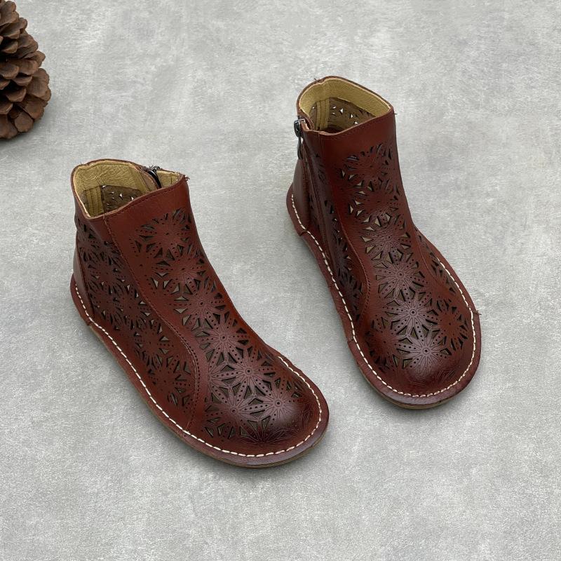 Johnature Stivali Estivi Artigianali Vintage in Vera Pelle Punta Tonda Piatta Traspiranti Traforati Scarpe da Donna