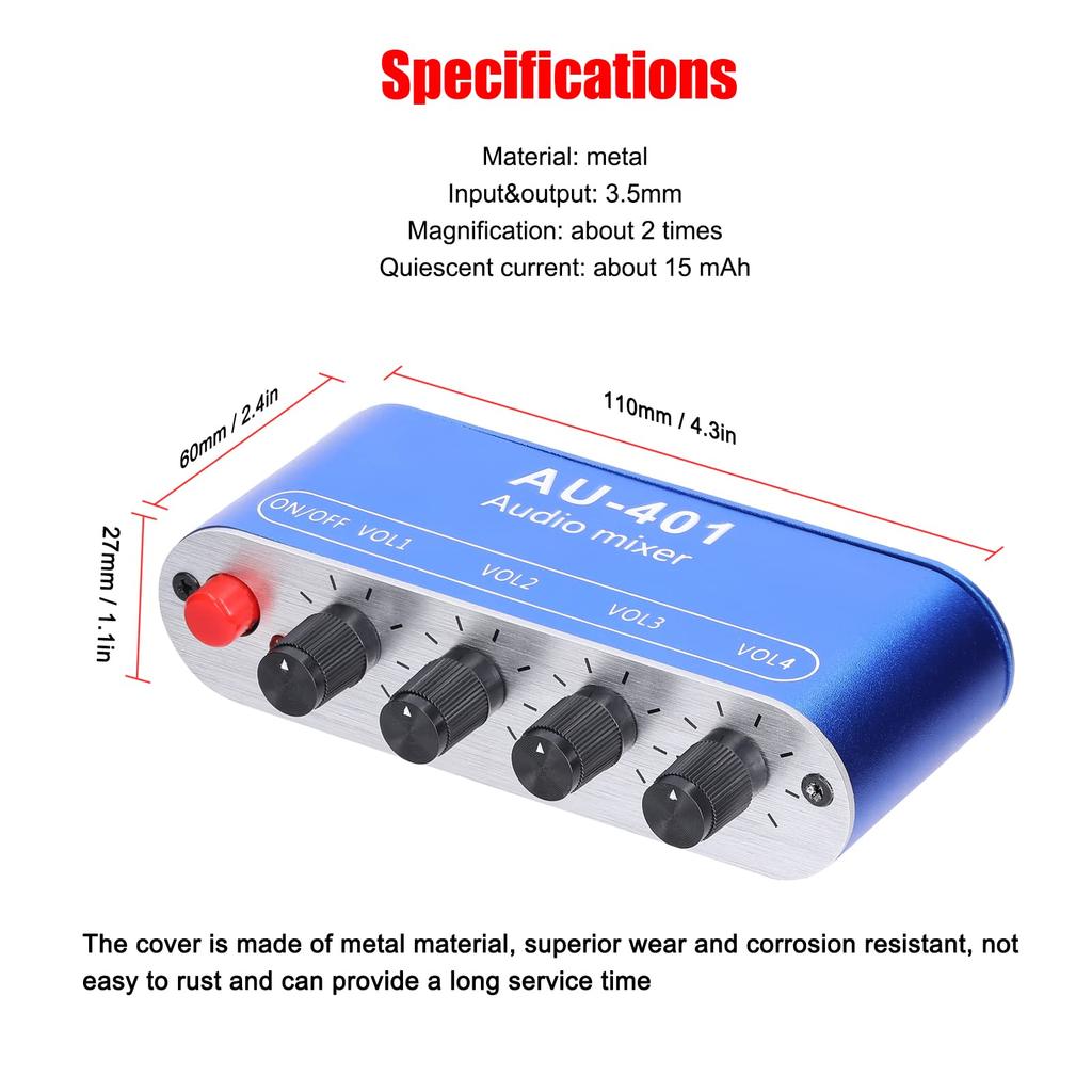 ERYUE 4 Input To 1 Output Stereo Audio Mixer with 4 Inputs and 1 Individually Controlled Sound Mixing Tool with Headphone Amplifier 3.5mm Output,