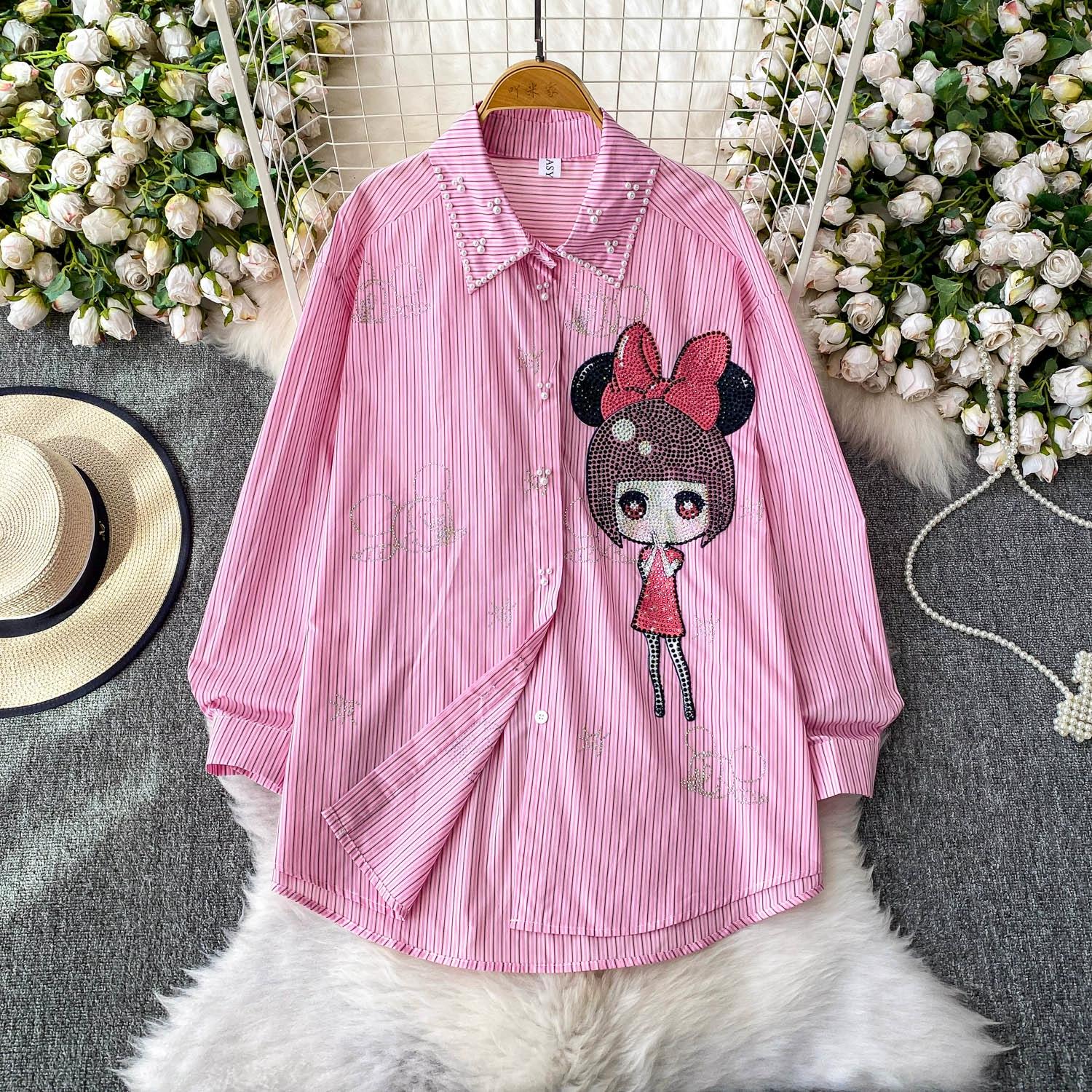 

Spring Autumn Women Sweet Luxury Beading Cartoon Rhinestone Single Breasted Oversize Loose Tshirt Tops for Student One Size рожевий