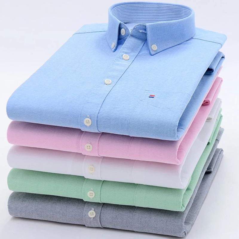 New S-7XLCotton Oxford Shirt For Mens Long Sleeve Plaid Striped Casual Shirts Male Pocket Regular-Fit Button-Down Work Man Shirt