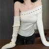 VAYLA Rivet Off Shoulder Sweaters For Women Sexy Pullovers Asymmetric Knitted Tops