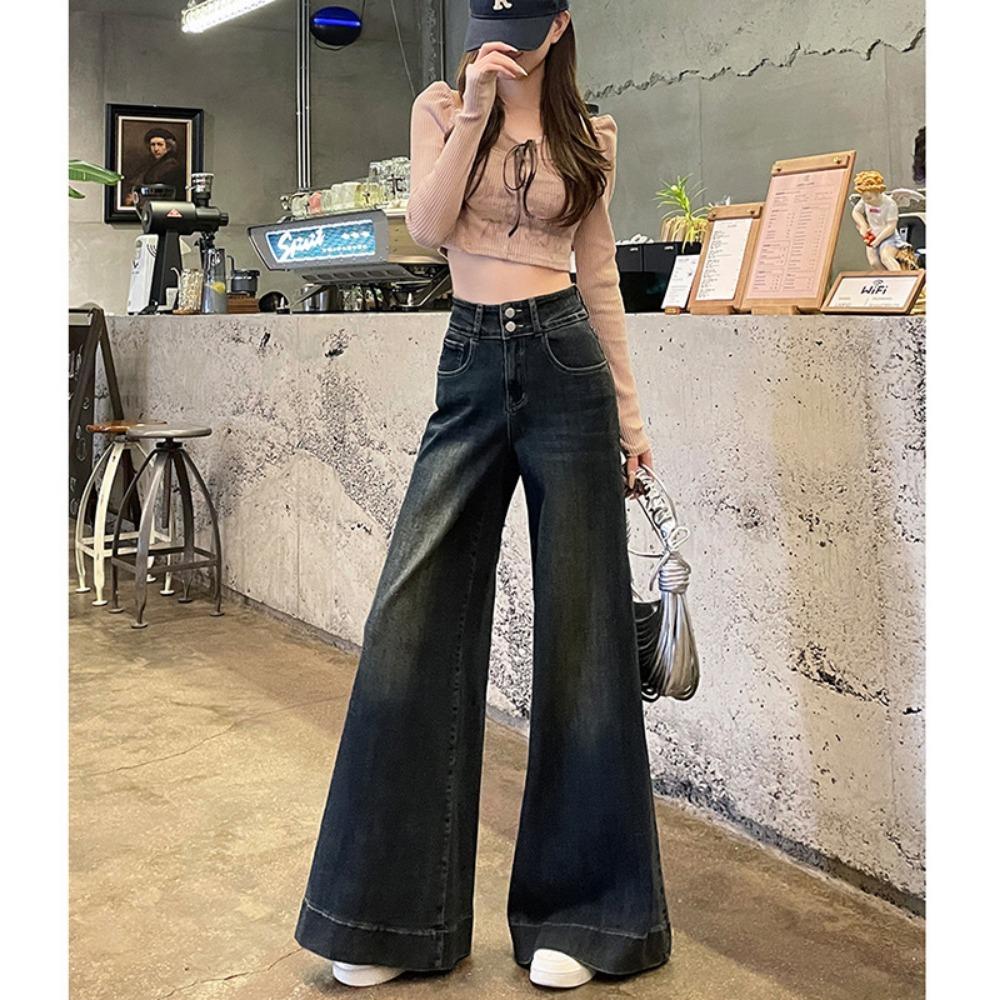 Trendy personalizované džíny se širokými nohavicemi na dva knoflíky, dámské jarní a podzimní nové kalhoty k podlaze, džíny se širokými nohavicemi s vysokým pasem, vlna
