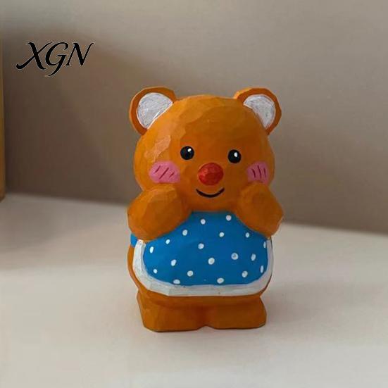 Cute Bear Desktop Decoration Hand-Carved Basswood Ornament, Apron Wood Decorative Figurine, Car Interior Accessory Statue for Shelf And Home