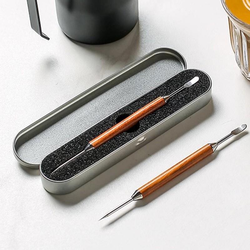Pear Wood Coffee Latte Art Needle with Stainless Steel Hook for Milk Foam Drawing