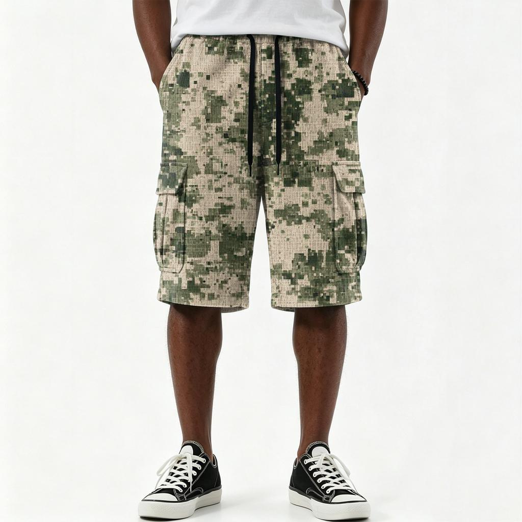 Pantaloncini cargo da uomo casual con stampa sfumata, coulisse, tasche multiple, lunghezza al ginocchio, vestibilità comoda, materiale leggero