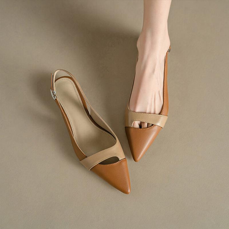 Ladies' Baotou French Style Single Shoes, Retro Color Blocked Pointed Flat Shoes, Back Air Summer Women's Style with Skirt, Fashionable Sandals