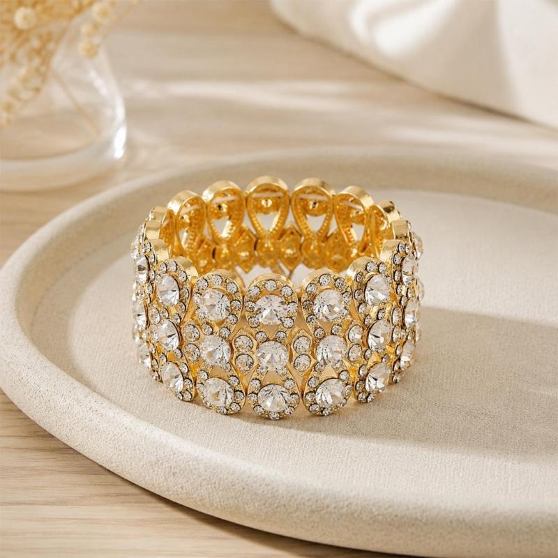 Stretch Bracelet with Repeating Figure-8 Links, Gold-Tone Zinc Alloy Design and Clear Decorative Rhinestones Details
