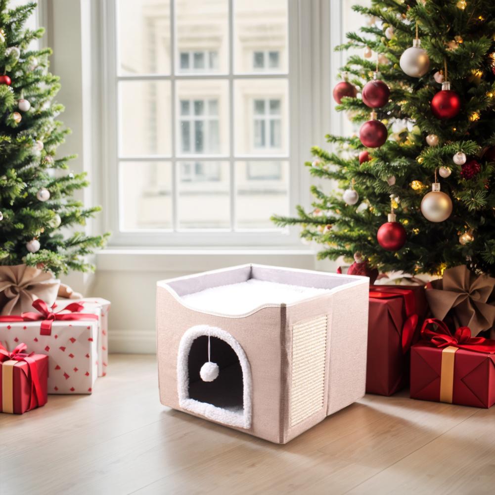 Cat Bed Cat Cube Cave with Fluffy Ball & Scratch Pad Pet Play House Large Kitten Sleeping Bed Comfortable for Indoor Cats