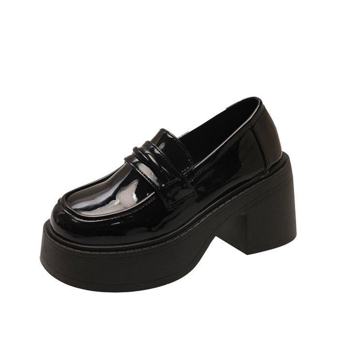 Black Round Head Small Man Increases Height with One Pedal Loafers Women's 2025 New Spring and Autumn British Style Thick-soled Small Leather Shoes
