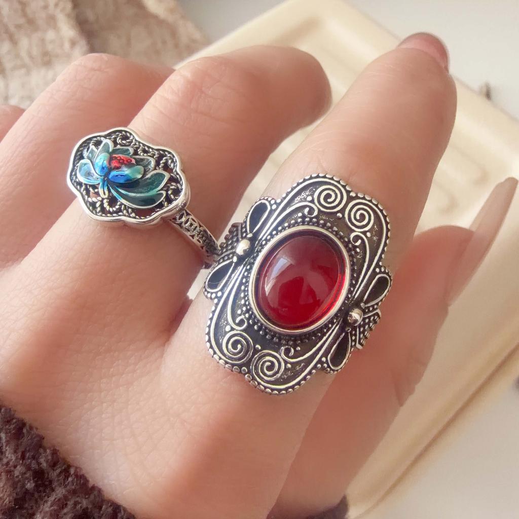 925 Sterling Silver Rings for Women Couple Minimalist Handmade Retro Red Big Stone Ring Fine Jewelry Gift Prevent Allergy
